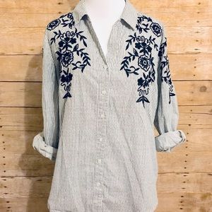 Blue and while embroidered pinstriped shirt